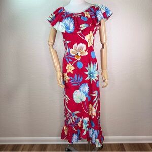 Vintage Hawaiian Ruffled Floral Tropical Luau Kaftan Handmade Dress Size Medium